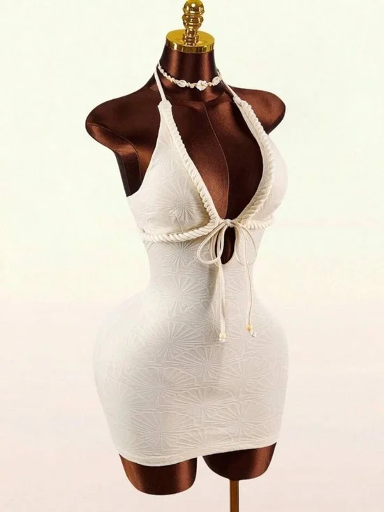 💕 Fashion Nova Cream Halter Rope-Trim Mini Dress 💕 - Picture 1 of 6